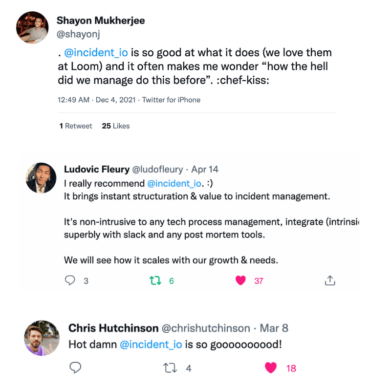 customer love for incident.io on twitter