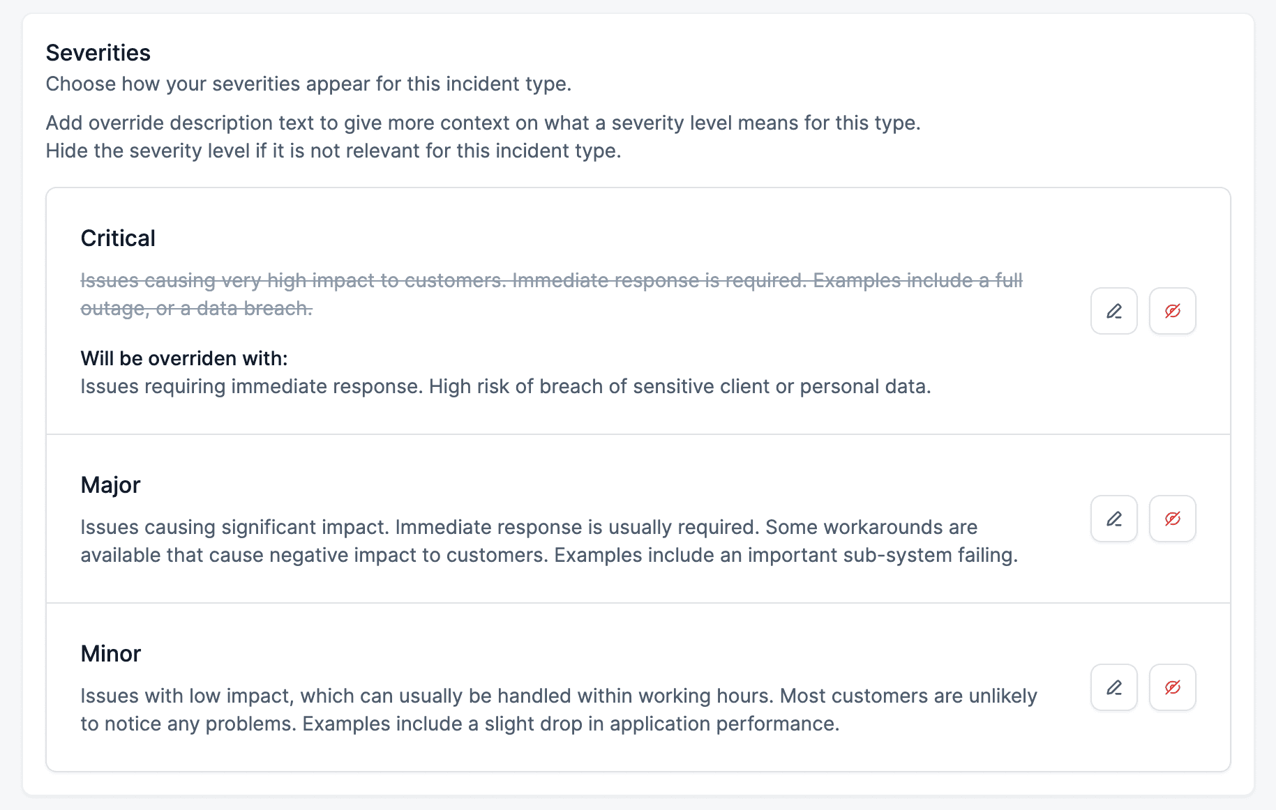 Screenshot of customising severities for an incident type