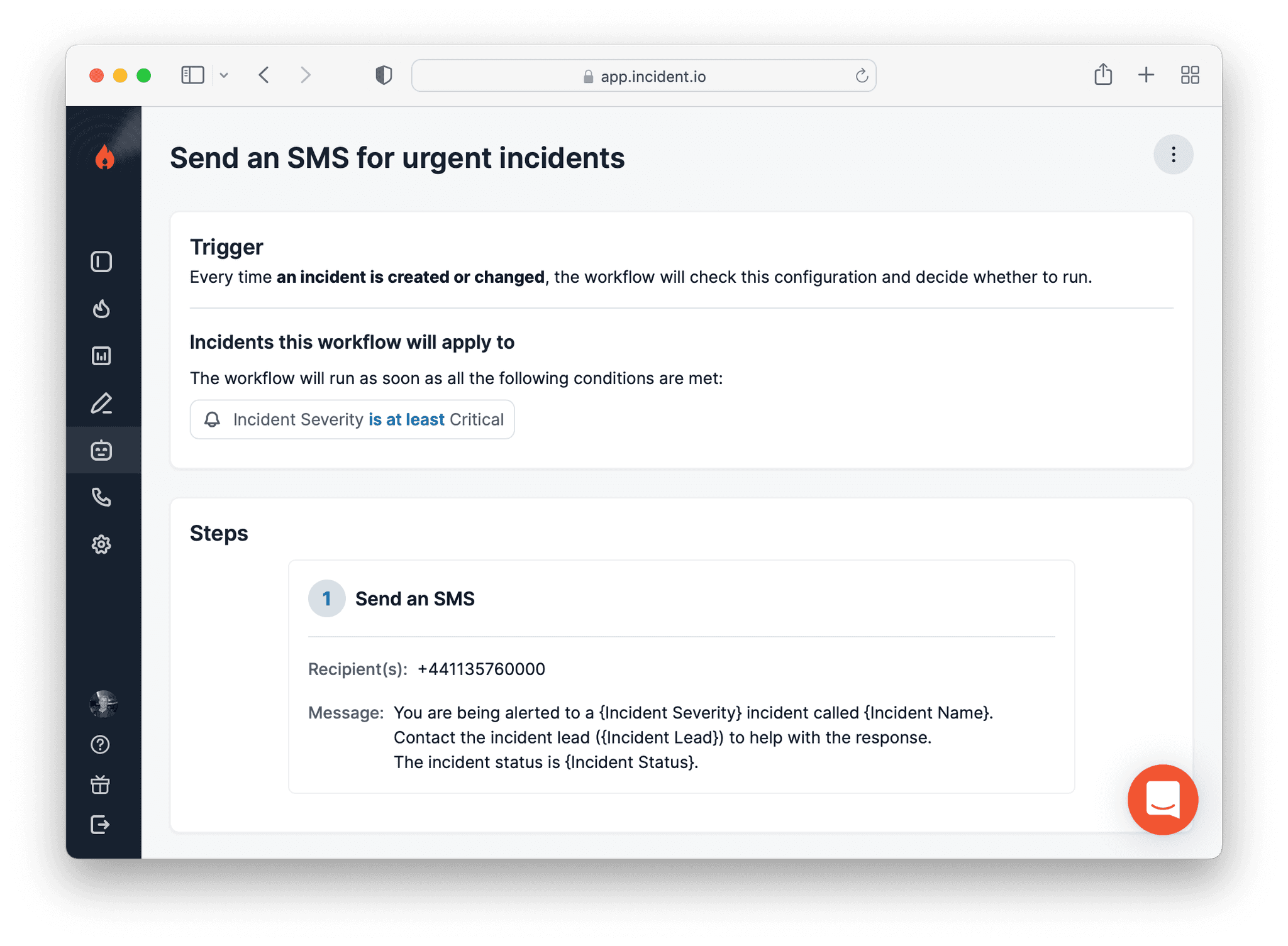 Screenshot of the Send an SMS for urgent incidents workflow