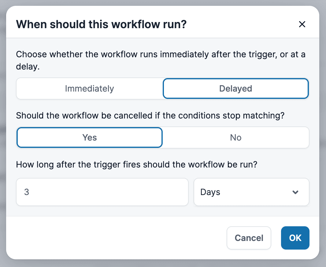 An image showing how to configure a delay on a workflow