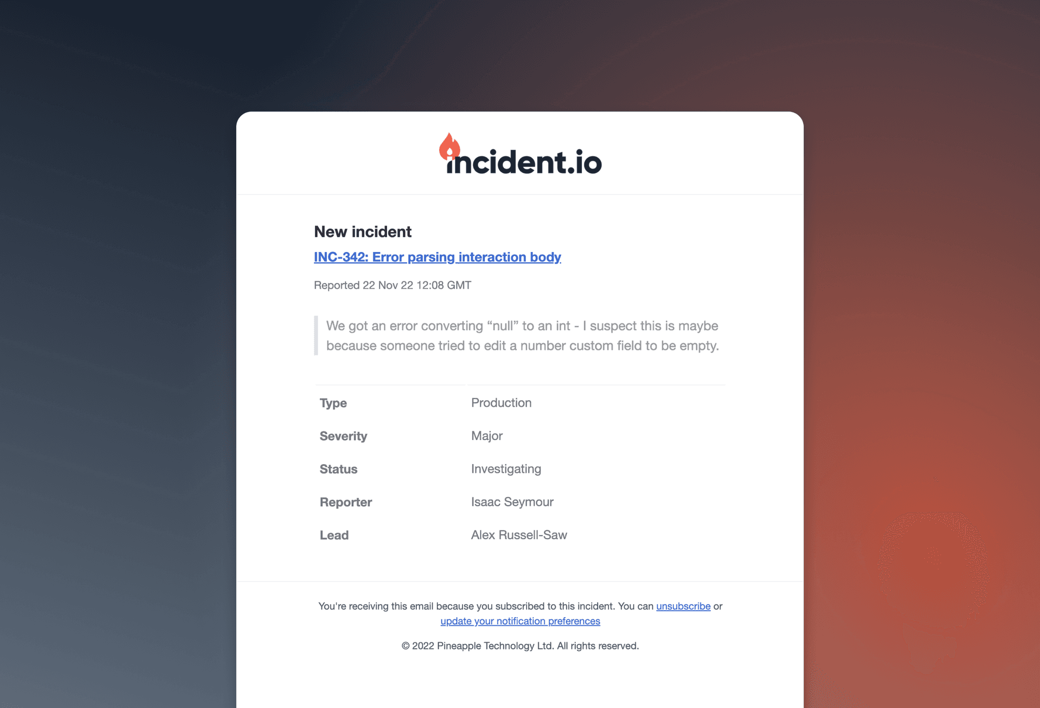 An example of a subscription email