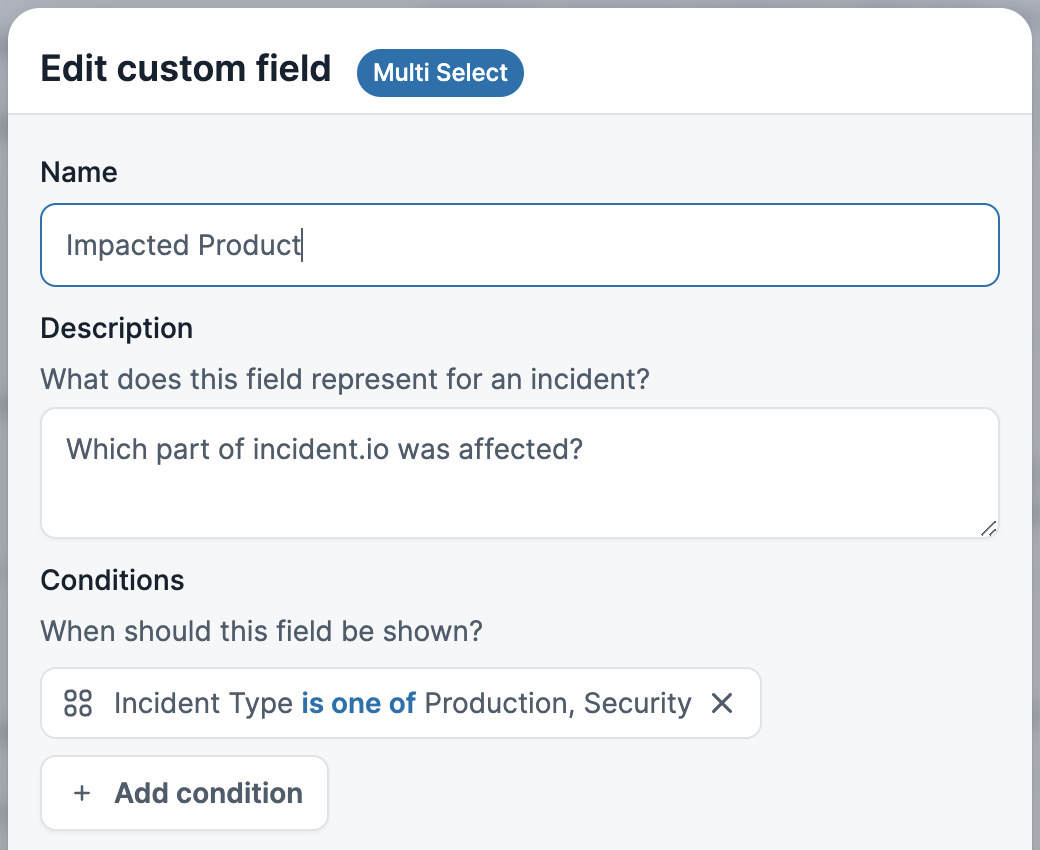 Screenshot of editing a custom field to specify incident types
