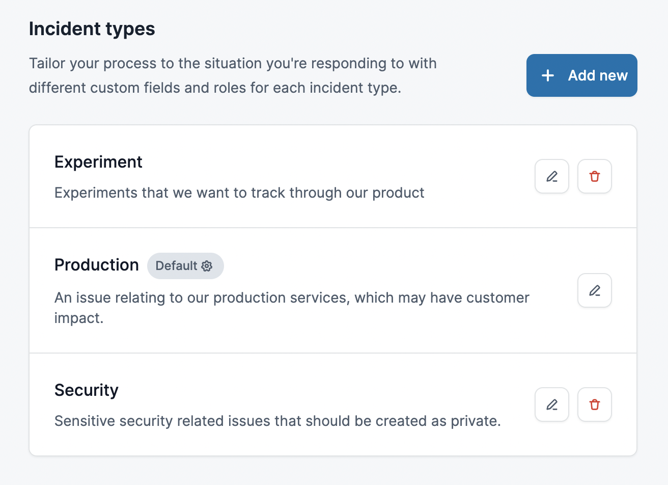 Screenshot of three incident types as used by incident.io