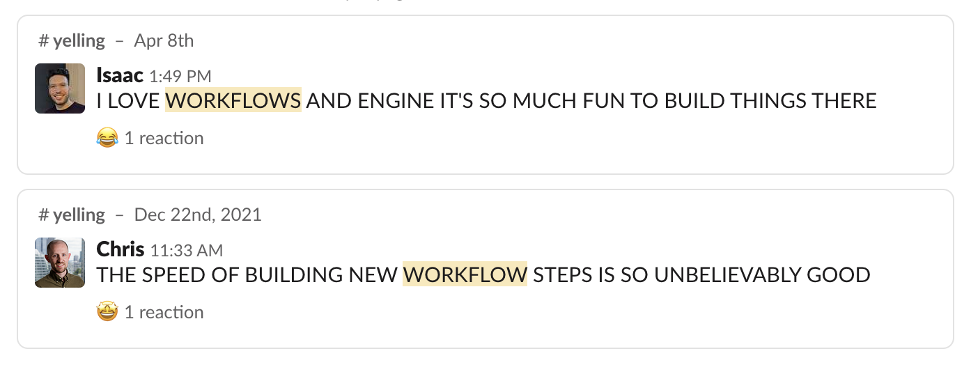 Happy developers saying how much they love workflows in Slack