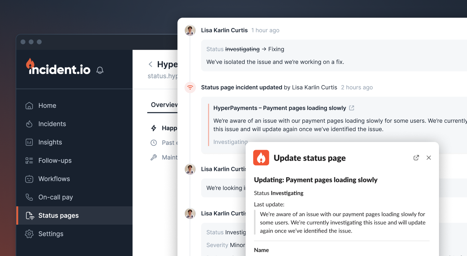 Status pages section in the incident.io dashboard