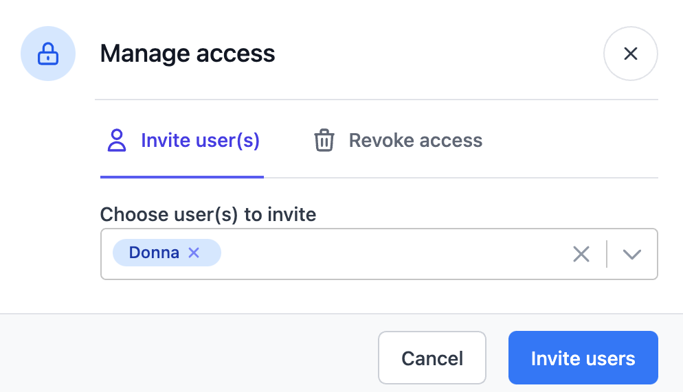 "A screenshot of a modal with 'Manage Access' settings from the incident.io app. There are options to invite and remove users from a Private Incident"
