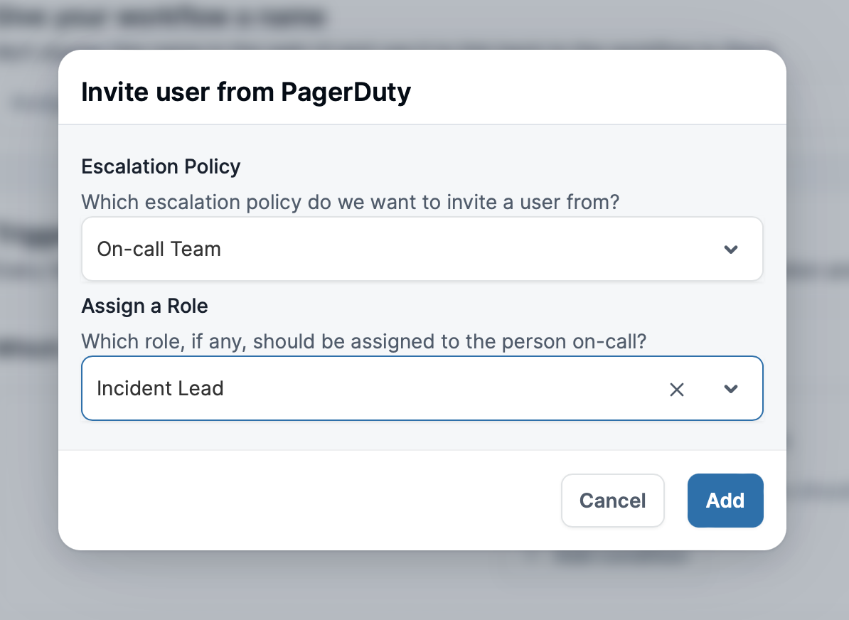 Screenshot of the PagerDuty invite workflow step modal, with an escalation policy & incident role configured