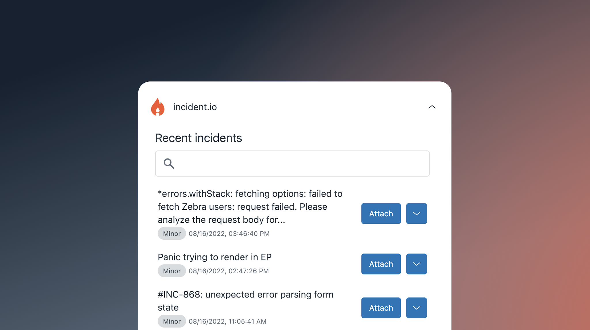 An image showing the incident.io Zendesk Support App listing incidents.