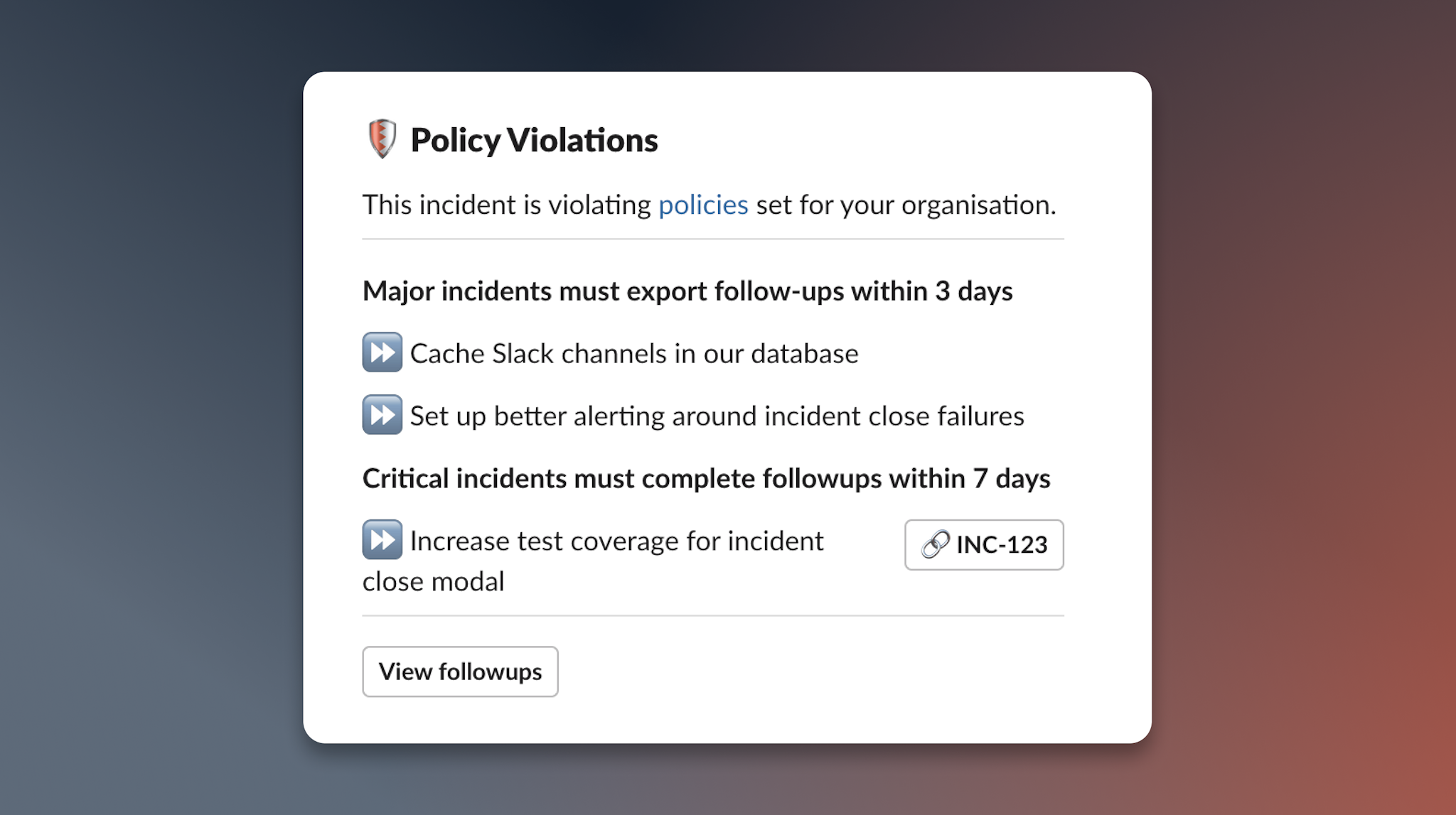 A slack message informing of a new policy violation