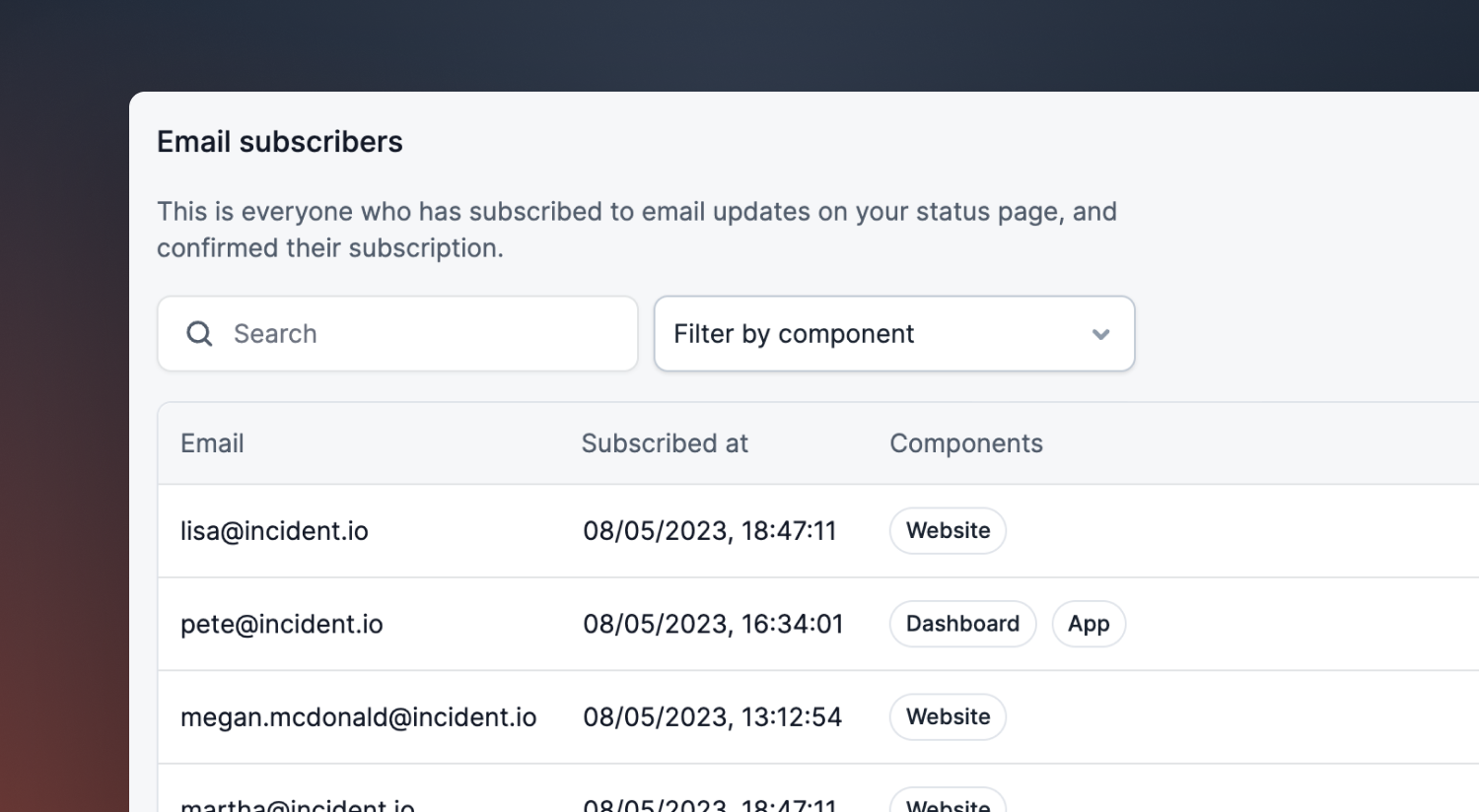 A list of status page subscribers in the incident.io dashboard