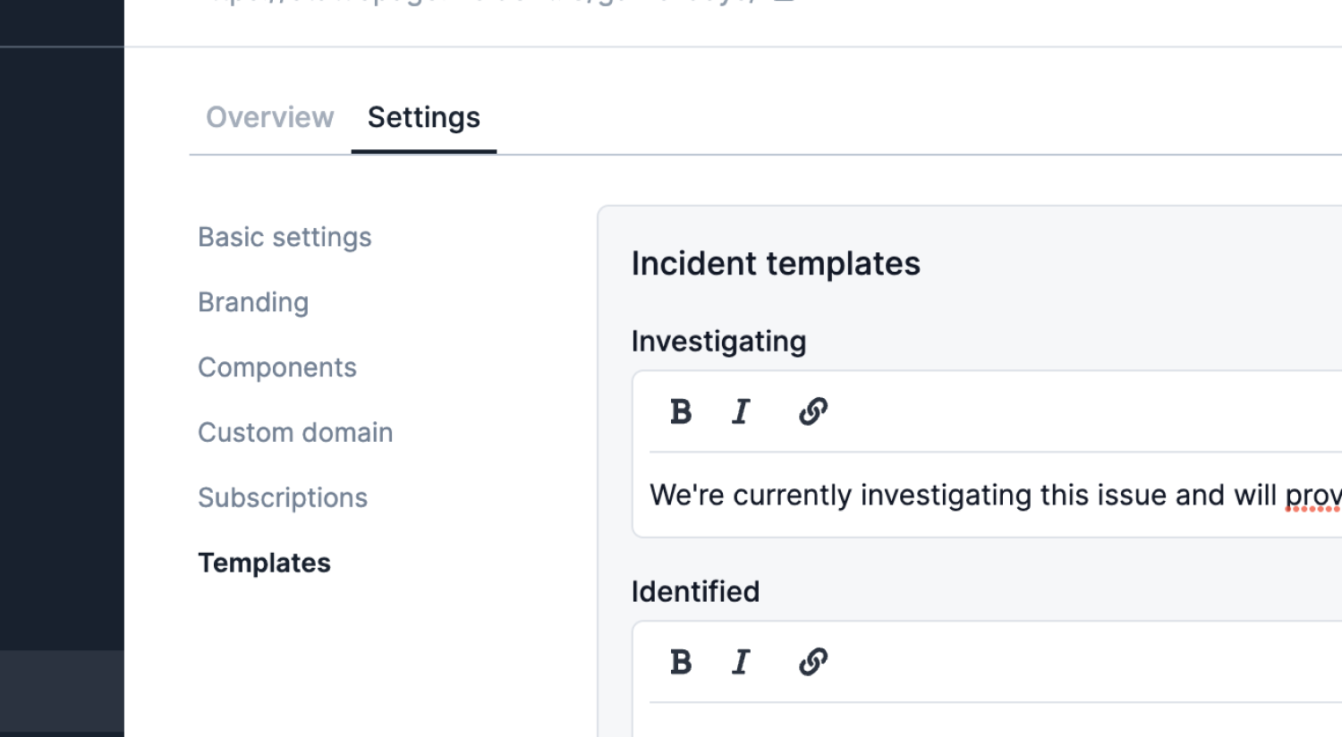 Creating a status page template in the incident.io dashboard