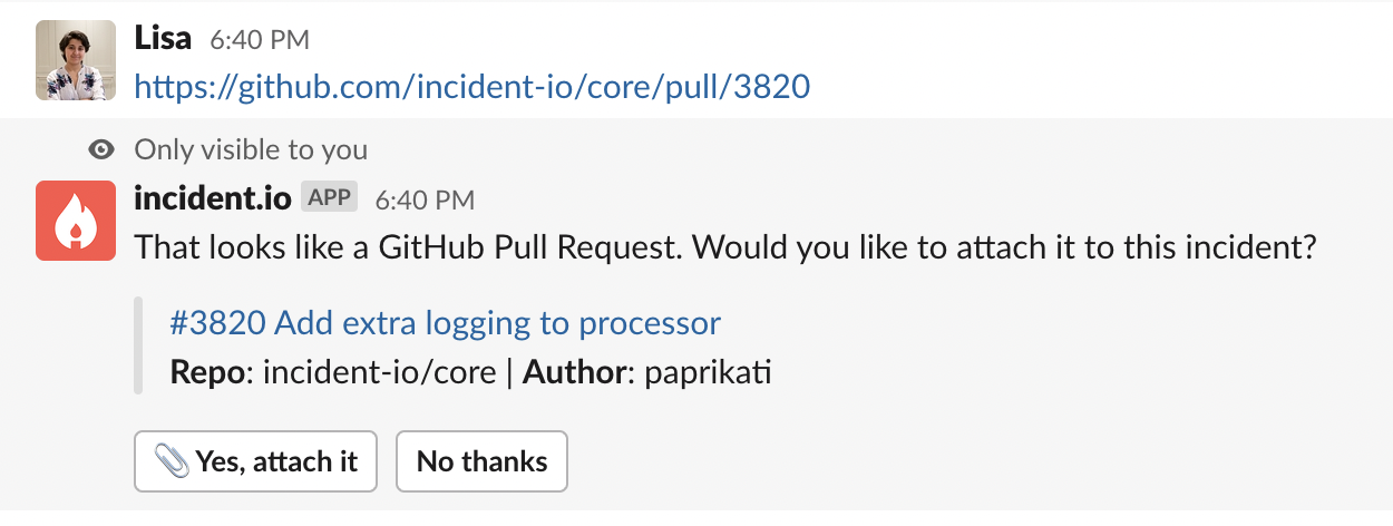 An image showing incident.io asking if you want to connect a GitHub PR.