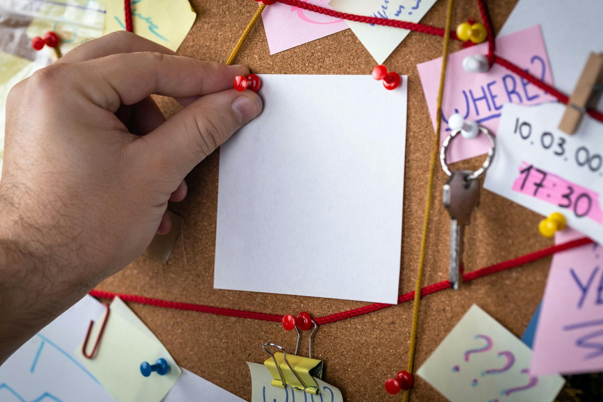 A pinboard showing an investigation with post-its and string